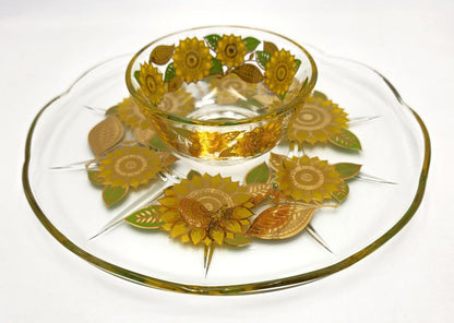 Georges Briard 22K Gold "Sunflowers" Chip &amp; Dip Crystal Platter