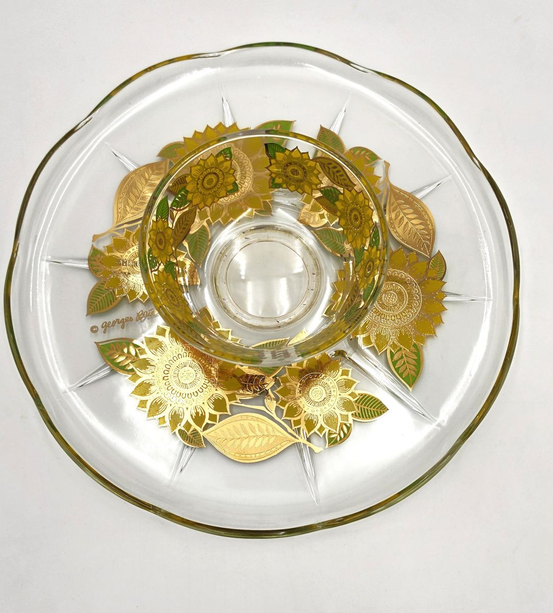 Georges Briard 22K Gold "Sunflowers" Chip &amp; Dip Crystal Platter