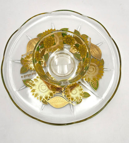 Georges Briard 22K Gold "Sunflowers" Chip &amp; Dip Crystal Platter