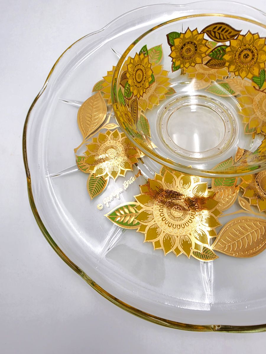 Georges Briard 22K Gold "Sunflowers" Chip &amp; Dip Crystal Platter