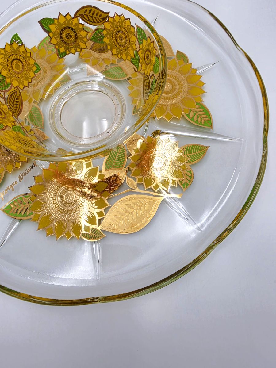 Georges Briard 22K Gold "Sunflowers" Chip &amp; Dip Crystal Platter
