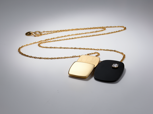 Broche Pendentif Moderne 3D Artisanale Vintage en Or 14K, Diamant et Onyx Noir