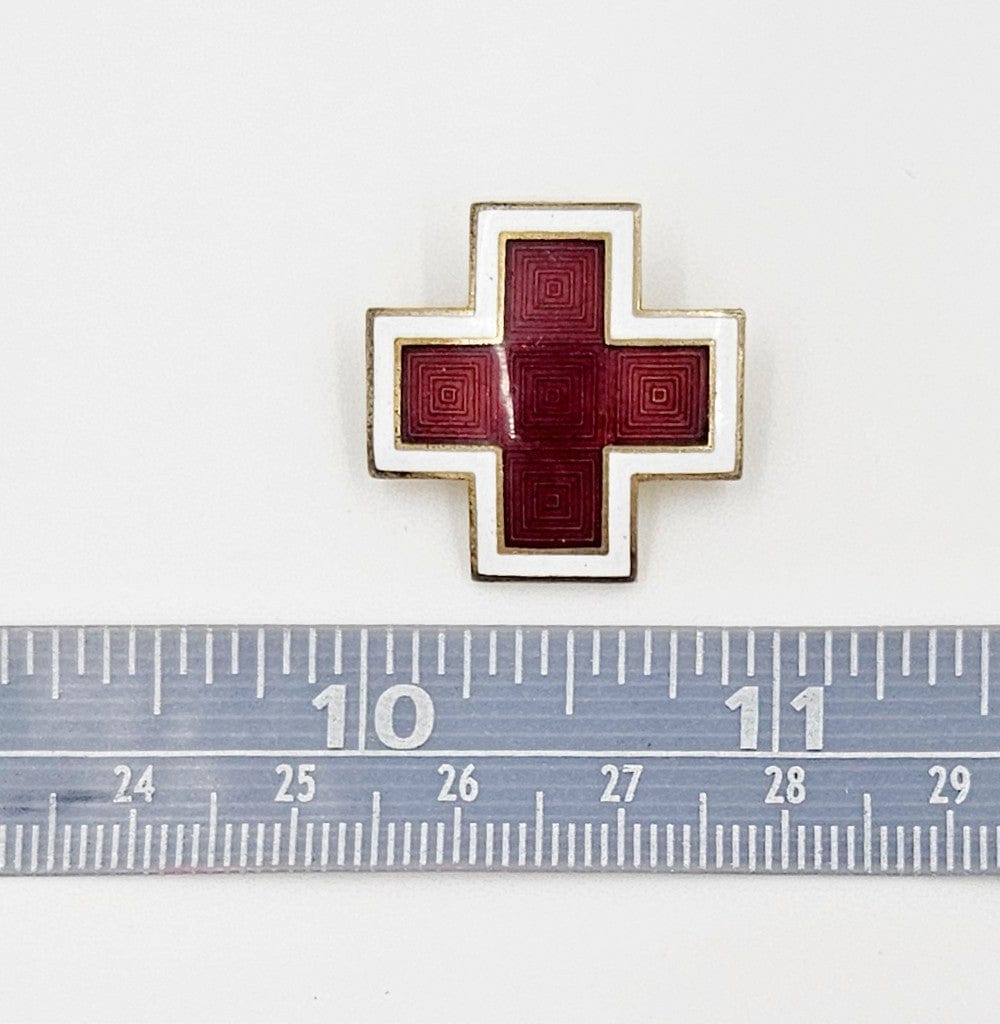 AE Jewelry Gilt Sterling & Guilloche Enamel AE WWII Red Cross Brooch Lapel Pin C. 1940s