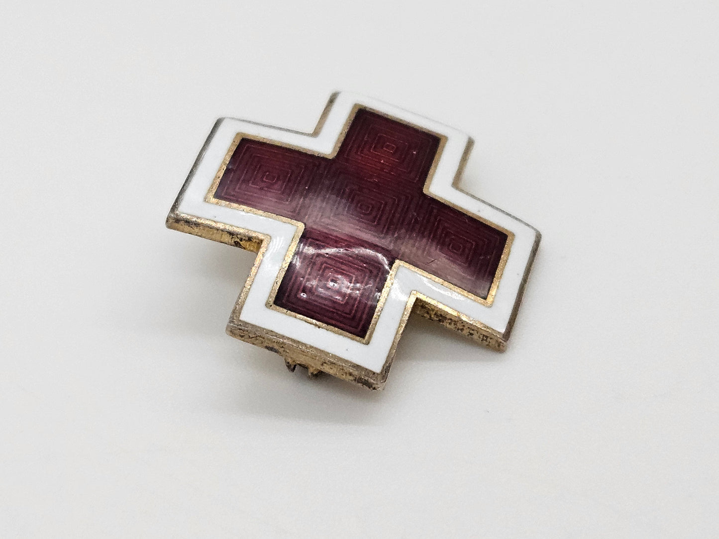 AE Jewelry Gilt Sterling & Guilloche Enamel AE WWII Red Cross Brooch Lapel Pin C. 1940s