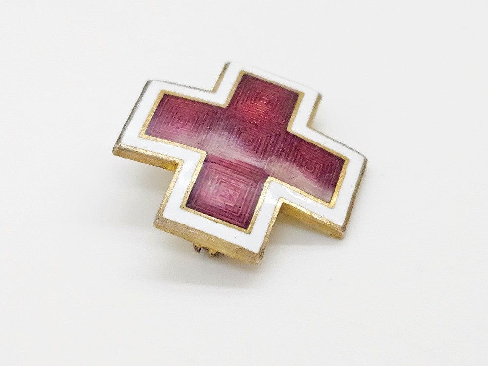 AE Jewelry Gilt Sterling & Guilloche Enamel AE WWII Red Cross Brooch Lapel Pin C. 1940s