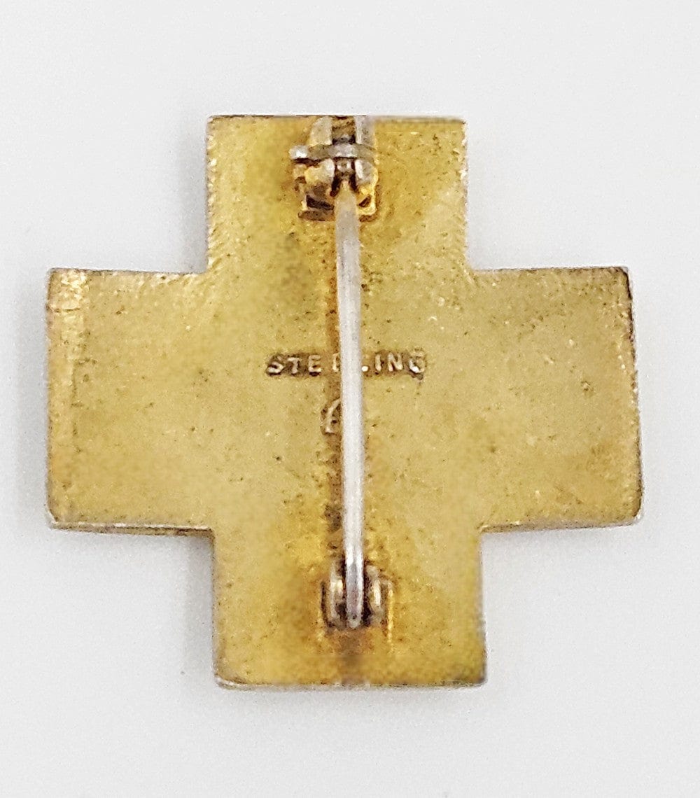 AE Jewelry Gilt Sterling & Guilloche Enamel AE WWII Red Cross Brooch Lapel Pin C. 1940s