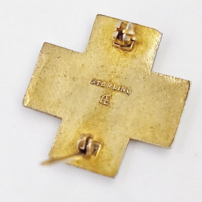 AE Jewelry Gilt Sterling &amp; Guilloche Enamel AE WWII Red Cross Brooch Lapel Pin C. 1940s