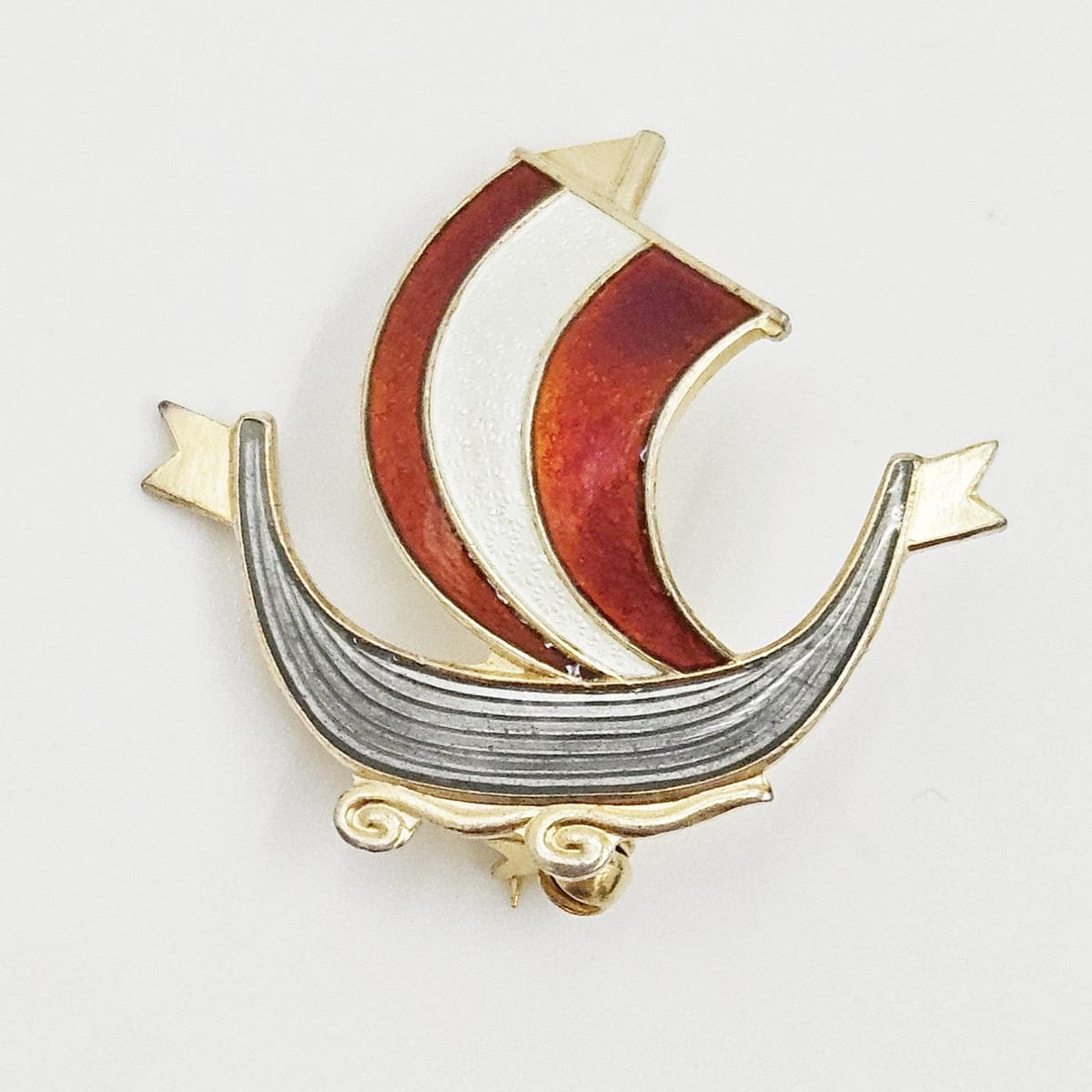 Aksel Holmsen Jewelry Aksel Holmsen Norway Sterling Enamel VIKING Longboat Pin Brooch Circa 1950&