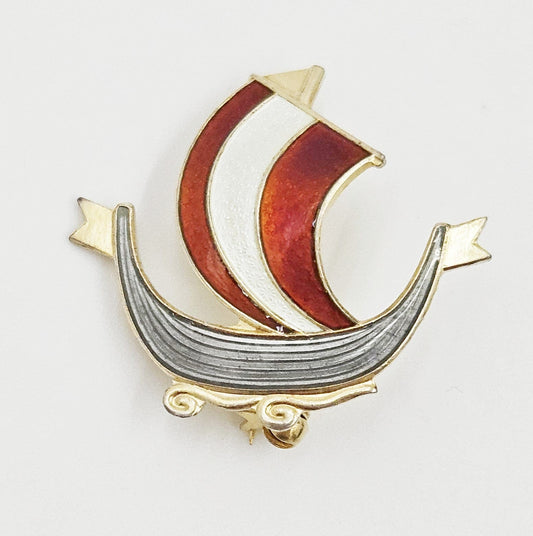 Aksel Holmsen Jewelry Aksel Holmsen Norway Sterling Enamel VIKING Longboat Pin Brooch Circa 1950's