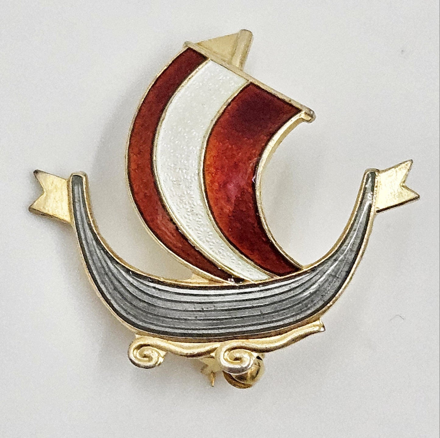 Aksel Holmsen Jewelry Aksel Holmsen Norway Sterling Enamel VIKING Longboat Pin Brooch Circa 1950's