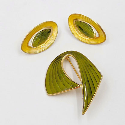 Aksel Holmsen Jewelry Rare Aksel Holmsen Norway Sterling Enamel Modernist Brooch Earrings Set 1940s