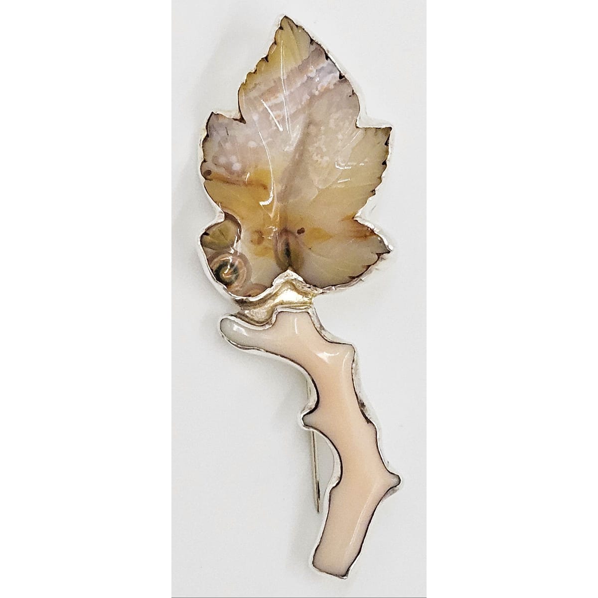 Amy Kahn Russell Jewelry Amy Kahn Russell Sterling Carved Lacy Agate Pink Coral Leaf Brooch Pendant