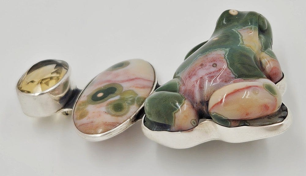 Amy Kahn Russell Jewelry Amy Kahn Russell Sterling Carved Pink Green Agate Citrine Frog Brooch Pendant