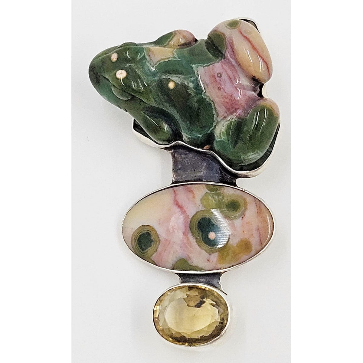 Amy Kahn Russell Jewelry Amy Kahn Russell Sterling Carved Pink Green Agate Citrine Frog Brooch Pendant
