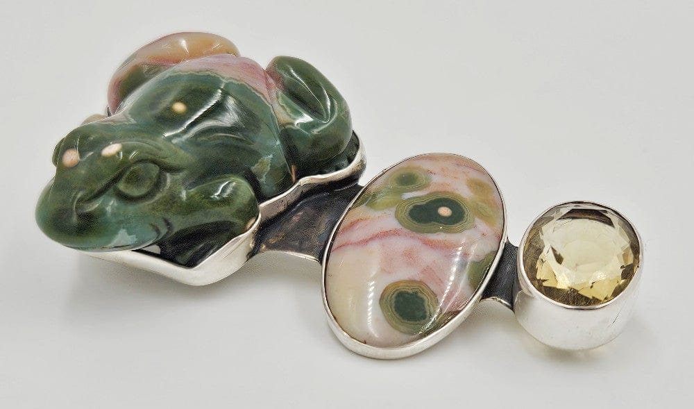 Amy Kahn Russell Jewelry Amy Kahn Russell Sterling Carved Pink Green Agate Citrine Frog Brooch Pendant