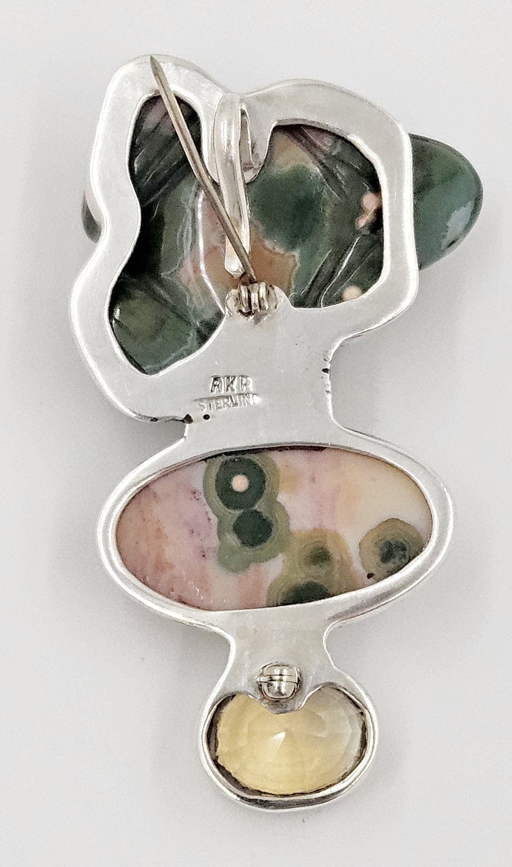 Amy Kahn Russell Jewelry Amy Kahn Russell Sterling Carved Pink Green Agate Citrine Frog Brooch Pendant