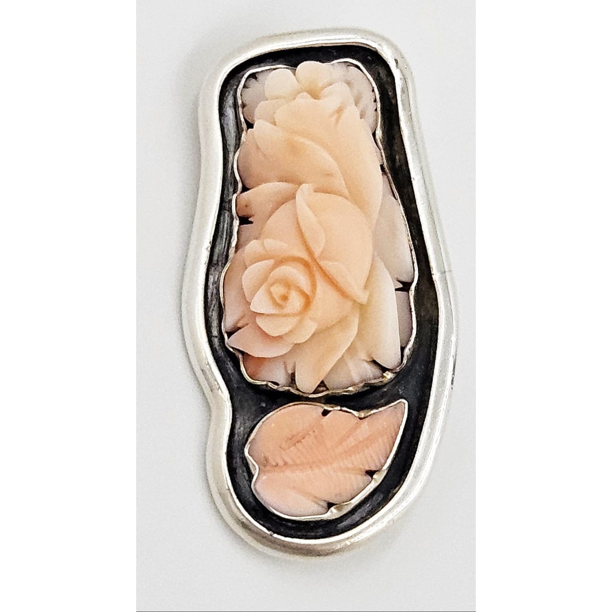 Amy Kahn Russell Jewelry Amy Kahn Russell Sterling Carved Rose Quartz Flowers Leaf Brooch Pendant