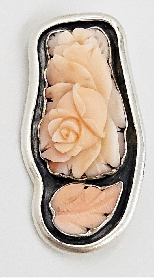 Amy Kahn Russell Jewelry Amy Kahn Russell Sterling Carved Rose Quartz Flowers Leaf Brooch Pendant