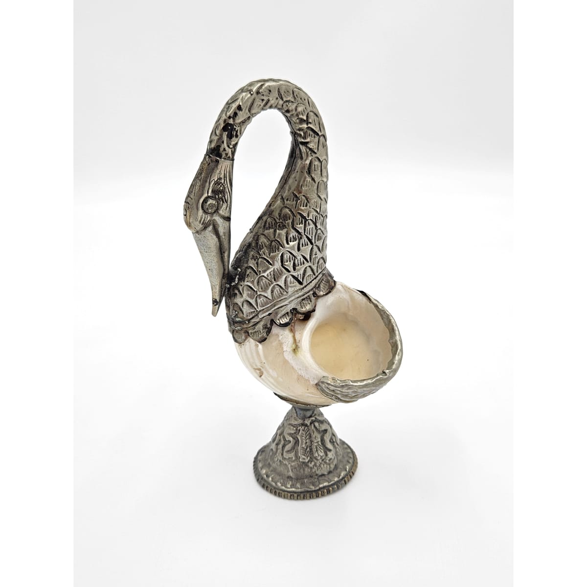 Pair of Antique Tibetan Nautilus Shell silver Mounted Swan Figural Vases, view 2 of 10