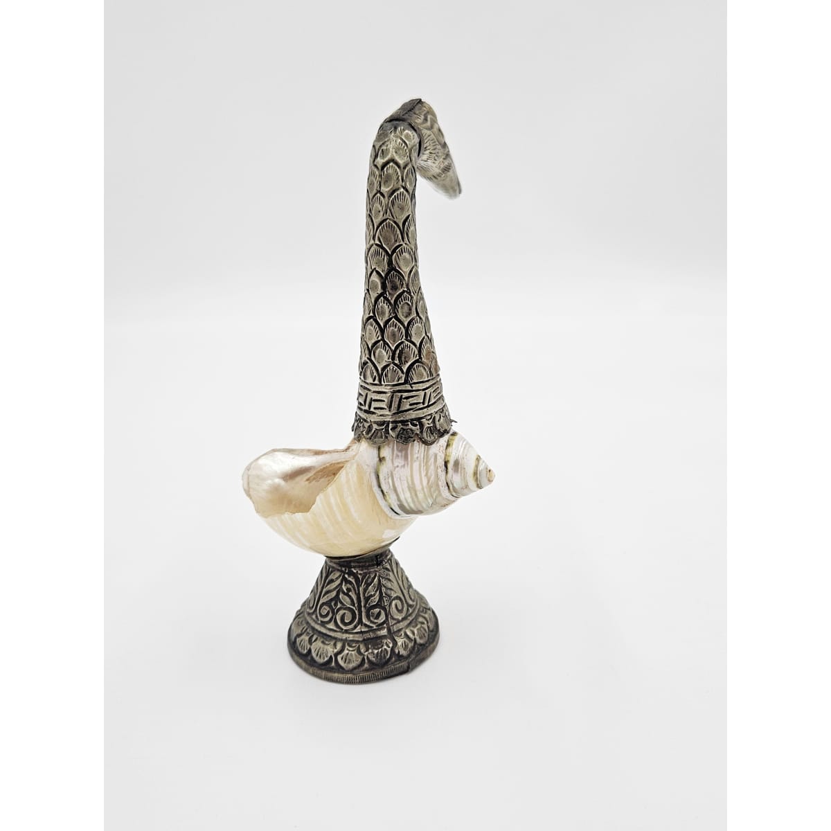 Pair of Antique Tibetan Nautilus Shell silver Mounted Swan Figural Vases, view 7 of 10