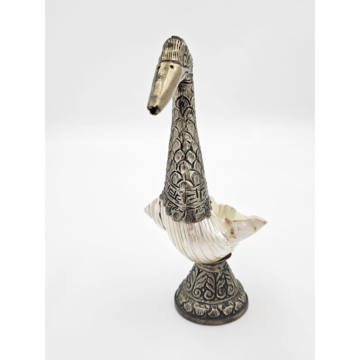 Pair of Antique Tibetan Nautilus Shell silver Mounted Swan Figural Vases, view 9 of 10