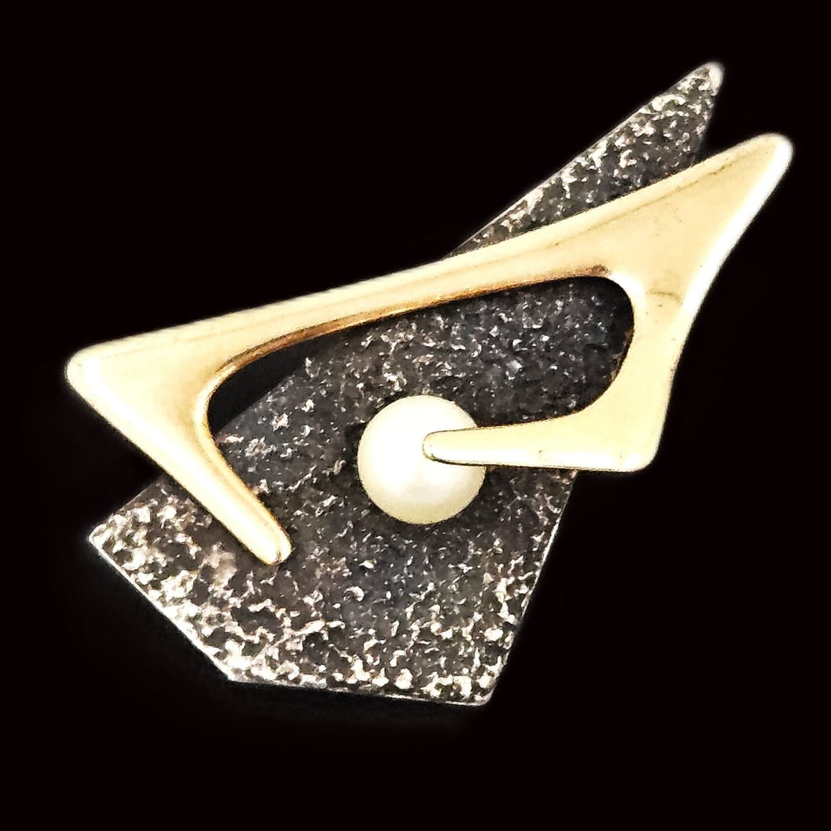 Artisan 925 14k Pearl Brooch Jewelry Artisan Sterling 14k Gold Pearl Abstract Mod Retro 3D Brooch Circa 1950s