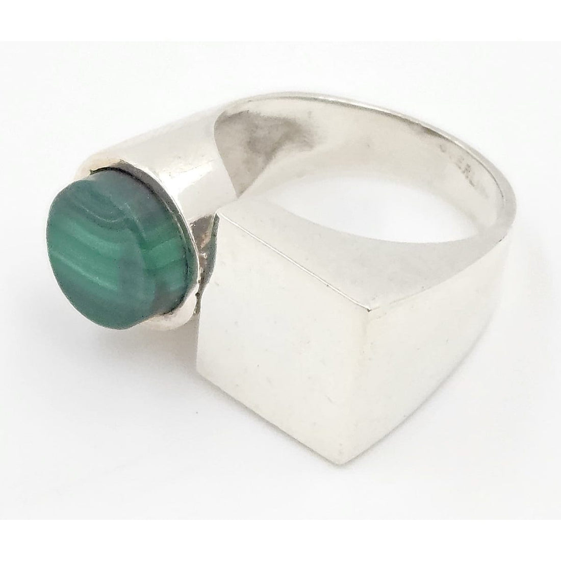 Artisan 925 Ring Jewelry Sterling Silver Green Malachite Abstract Modernist Ring