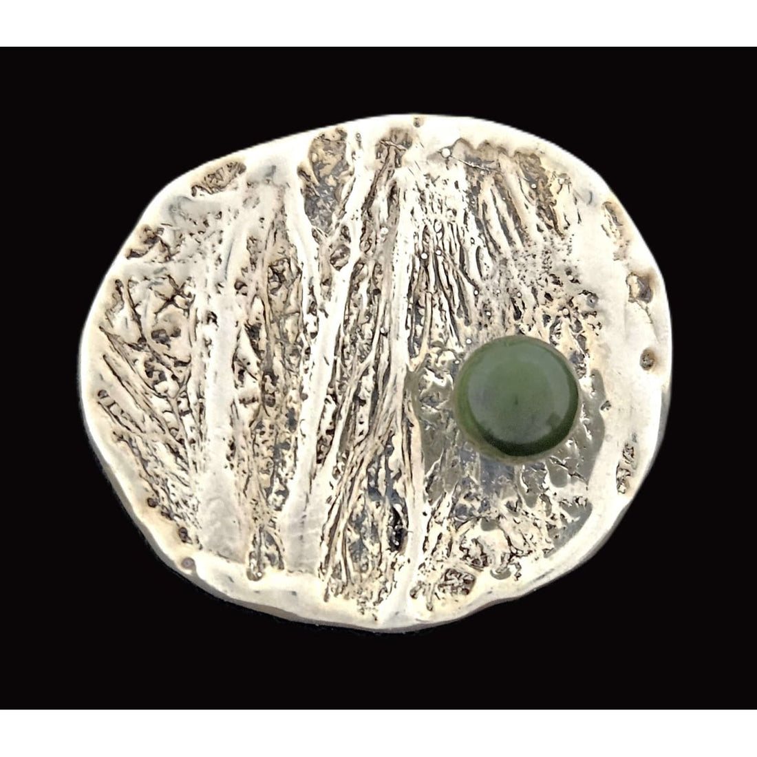Artisan Abstract Sterling Brooch Jewelry Designer Sterling Modernist Brutalist + Nephrite Orb Stone Brooch