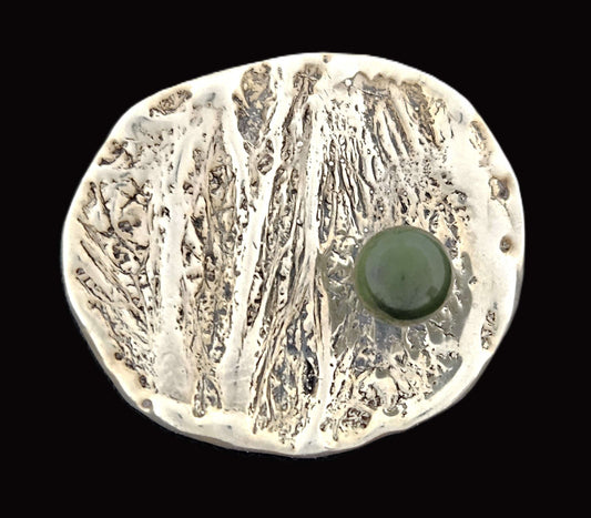 Artisan Abstract Sterling Brooch Jewelry Designer Sterling Modernist Brutalist + Nephrite Orb Stone Brooch