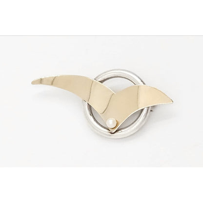 Artisan Brooch Jewelry Artisan Signed Sterling 14k Gold &amp; Pearl Modernist Bird Circle Brooch