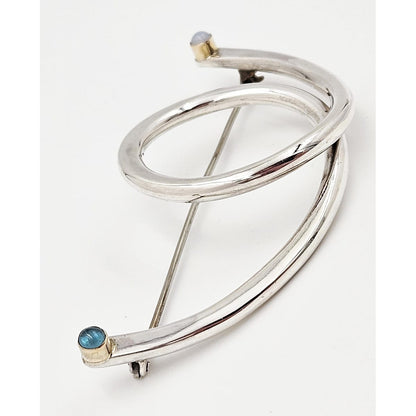 Artisan Brooch Jewelry Artisan Signed Sterling Gold Semi Precious Stones XL Modernist Brooch