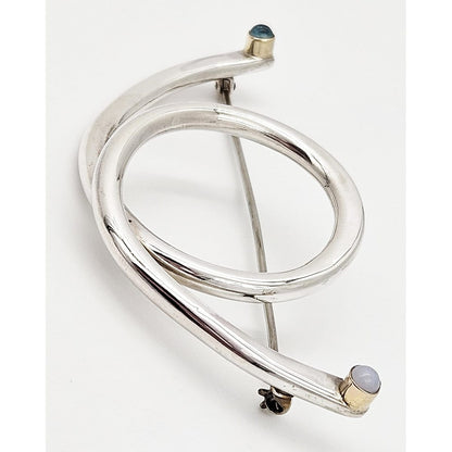 Artisan Brooch Jewelry Artisan Signed Sterling Gold Semi Precious Stones XL Modernist Brooch