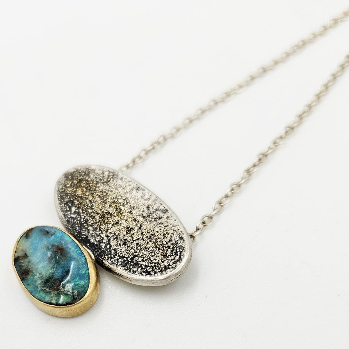 Artisan Signed Necklace Jewelry Sterling Silver &amp; 22K Yellow Gold Artist Signed Modernist Opal Pendant Necklace
