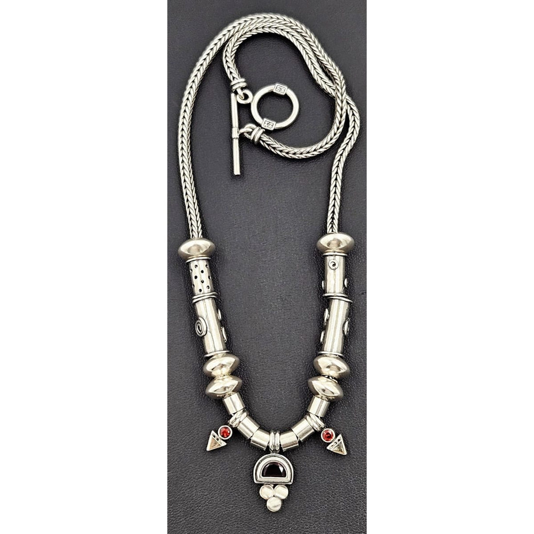 Artisan Signed Necklace Jewelry Vintage Artisan Made Sterling Silver &amp; Garnet Modernist Statement Necklace
