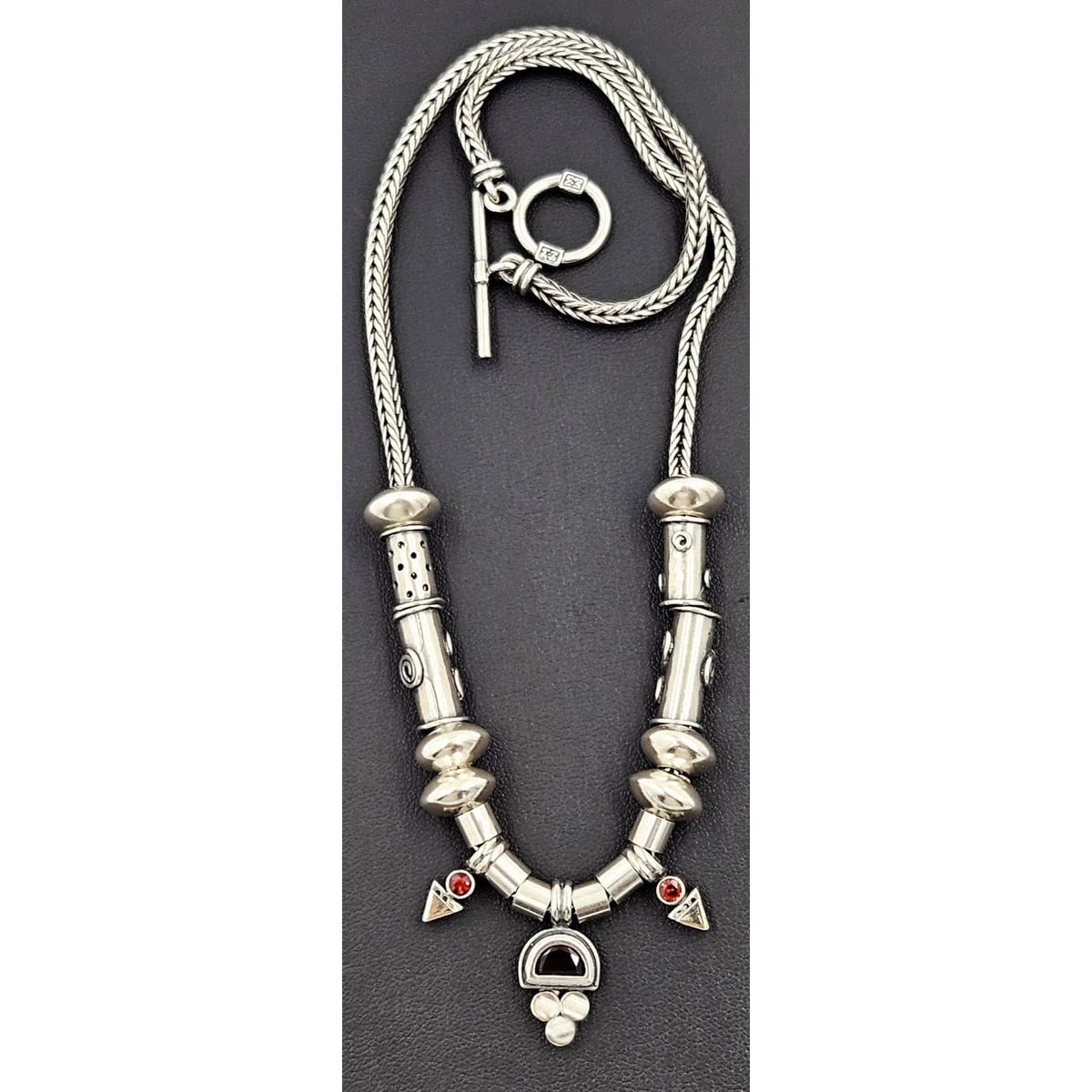 Artisan Signed Necklace Jewelry Vintage Artisan Made Sterling Silver &amp; Garnet Modernist Statement Necklace