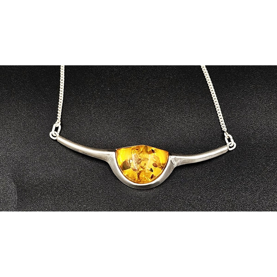 Artisan Signed Necklace Jewelry Vintage Sterling Silver &amp; Amber Modernist Y Bar Designer Necklace