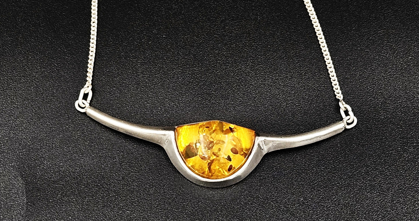 Artisan Signed Necklace Jewelry Vintage Sterling Silver & Amber Modernist Y Bar Designer Necklace