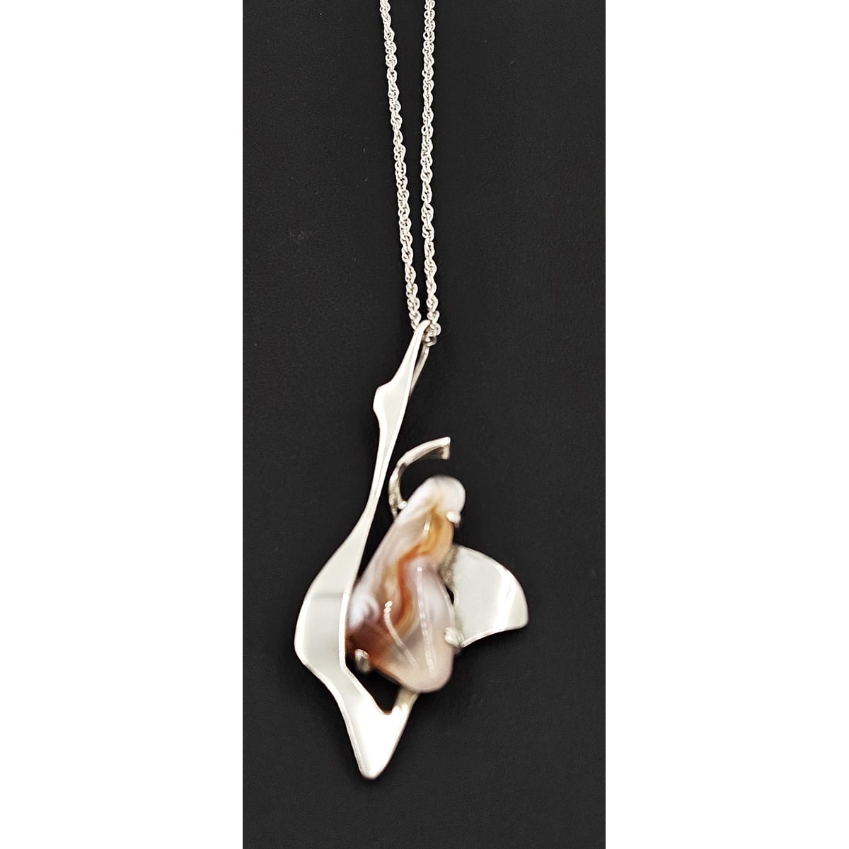 Artisan ST Pendant Necklace Jewelry MCM Artisan Signed Sterling + Lacy Agate Abstract Modernist Pendant Necklace