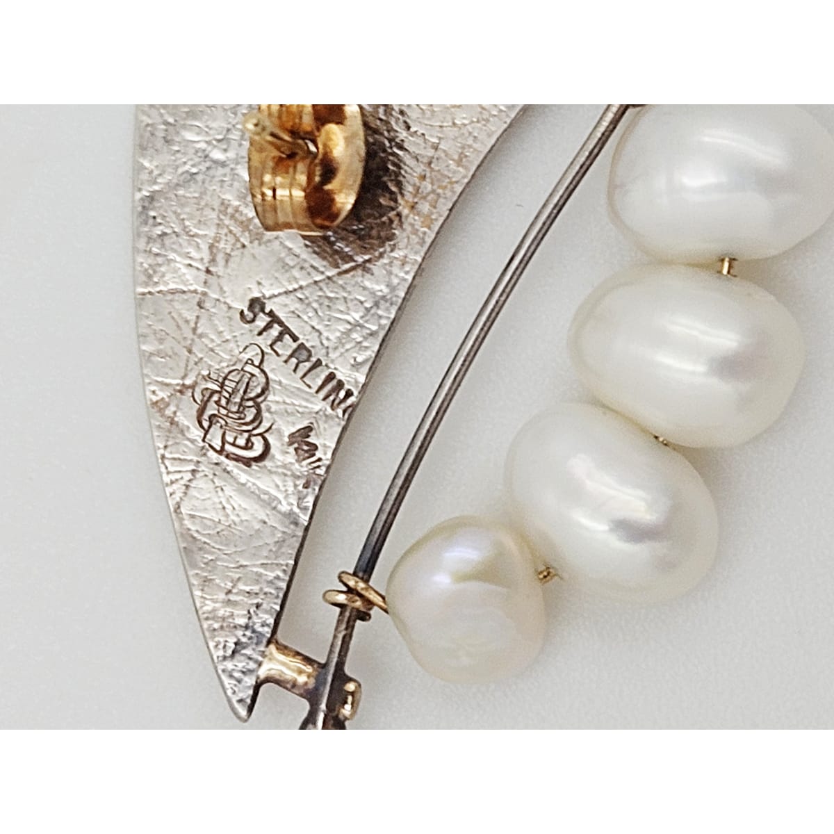 Artisan Sterling 14k Pearl Earrings Jewelry Artisan Signed Sterling - 14K Gold - Pearl Modernist Abstract 3D Earrings