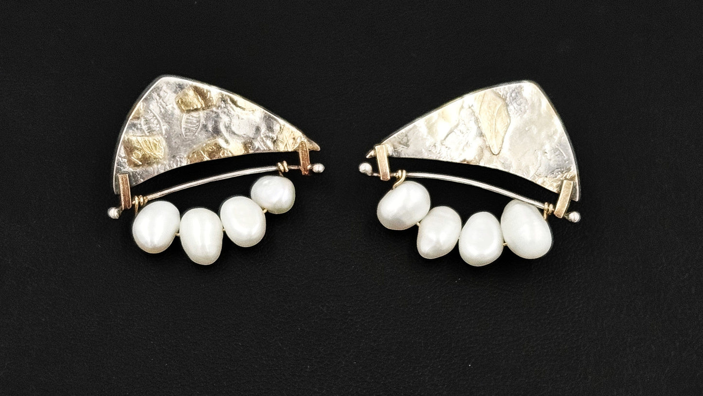 Artisan Sterling 14k Pearl Earrings Jewelry Artisan Signed Sterling - 14K Gold - Pearl Modernist Abstract 3D Earrings