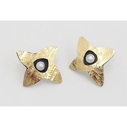 Artisan Sterling 18k Pearl Earrings Jewelry Artisan Made Sterling Silver - 18K Gold - Pearl Modernist Abstract 3D Earrings