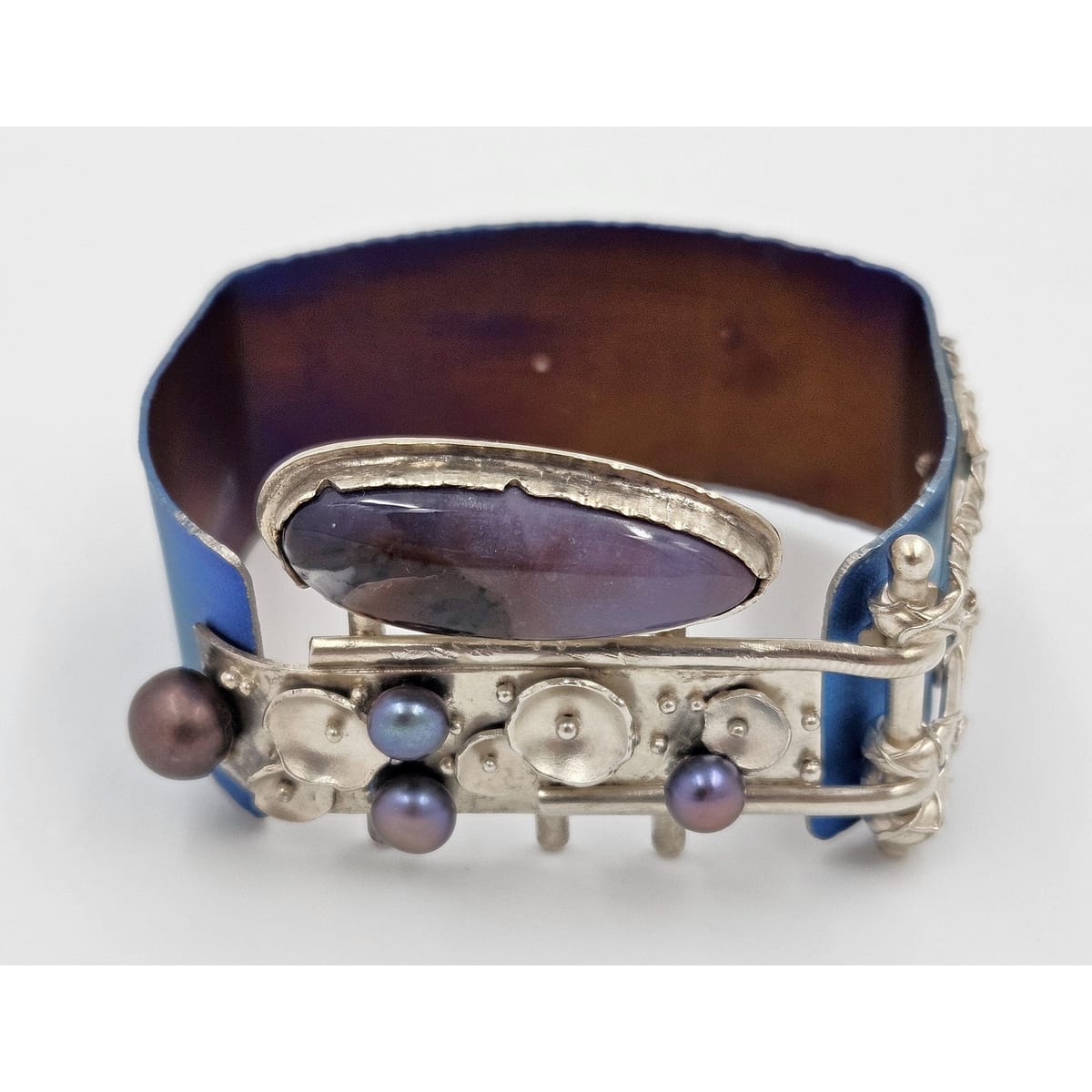 Artisan sterling silver abstract modernist Niobium Pearl Quartz Cuff Bracelet, view 1 of 9