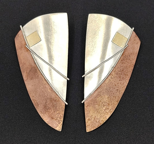 Artisan Sterling Earrings Jewelry Vintage Artisan Handwrought Sterling & Mixed Metal Abstract Mod XL Earrings