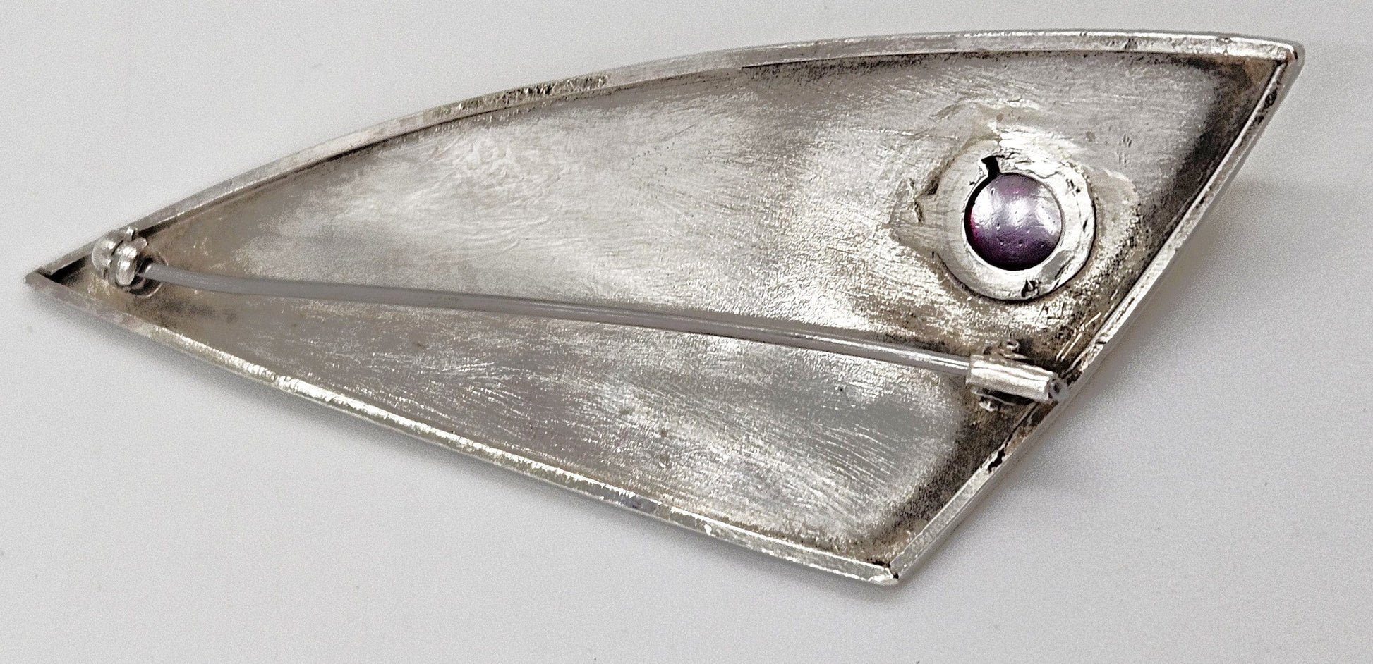 Artisan Sterling & Garnet Brooch Jewelry Artisan Signed Abstract Modernist Gilded Sterling Silver & Garnet Brooch 1980s