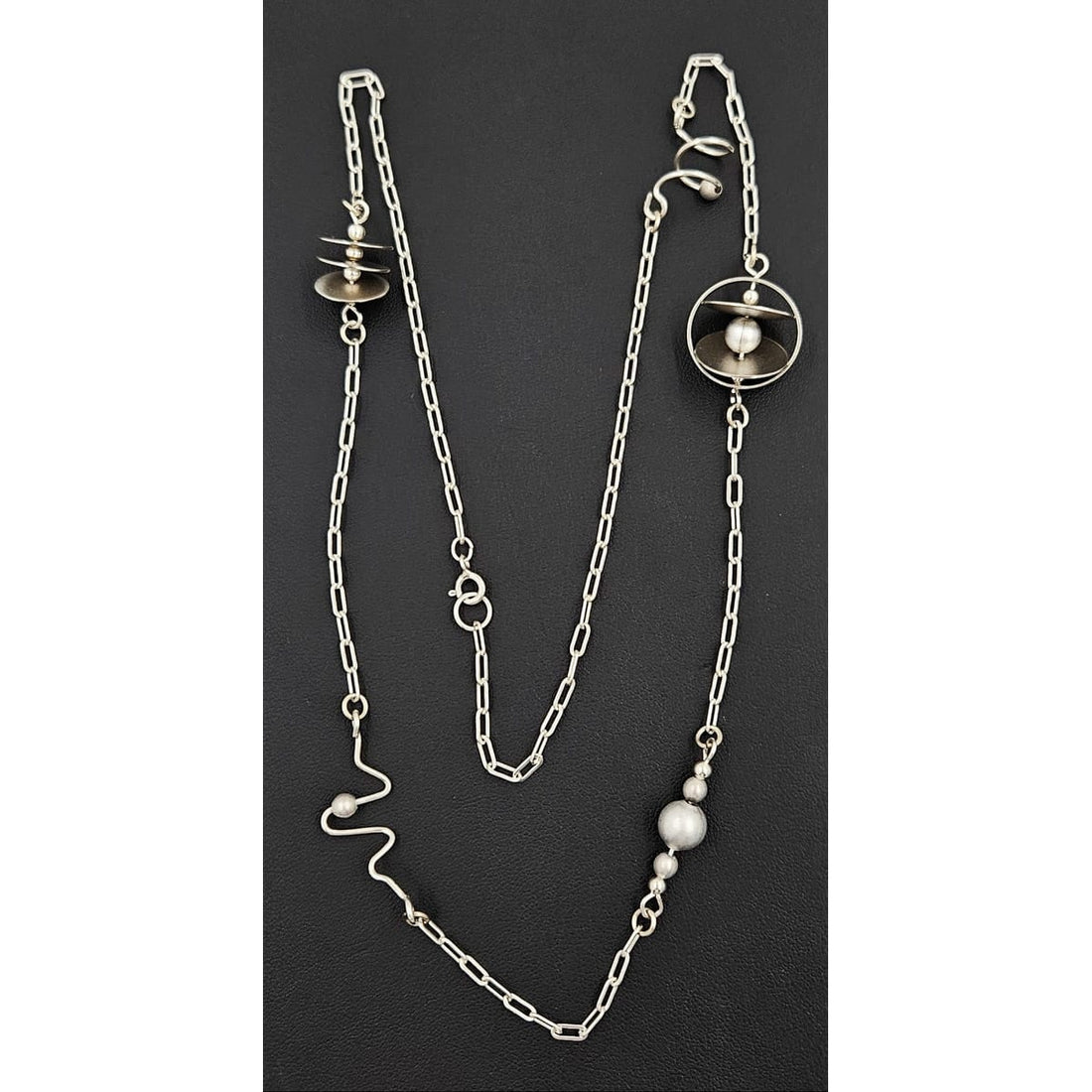 Artisan Sterling Modernist Necklace Jewelry Artisan Made Abstract Modernist Sterling Bead Disc &amp; Pearl XL Station Necklace