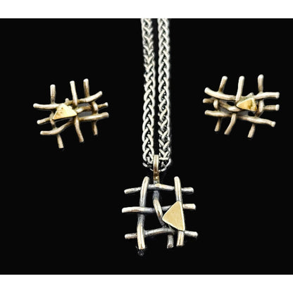 Vintage Artisan sterling silver and 24K gold plated modernist Necklace and Earring Set, view 1 of 7