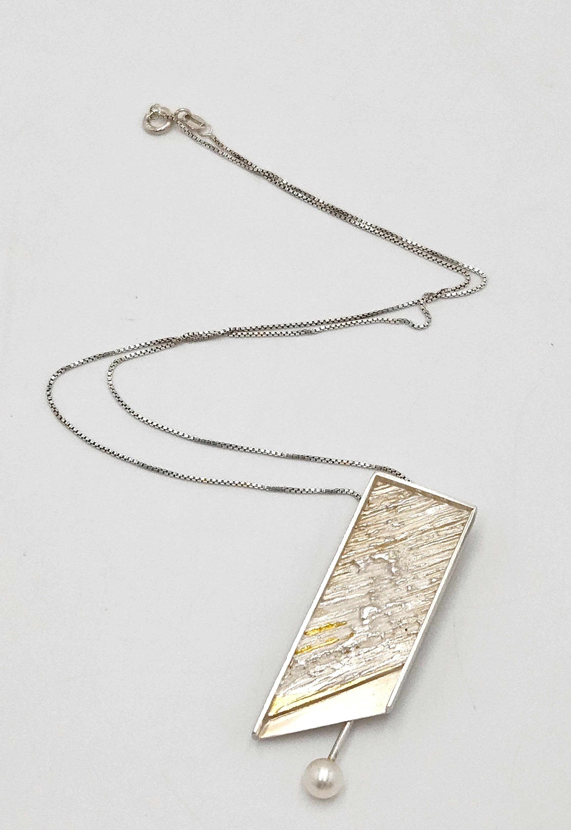 Artisan Sterling Necklace Jewelry Sterling & Gold and Pearl Abstract Modernist Pendant Necklace Signed