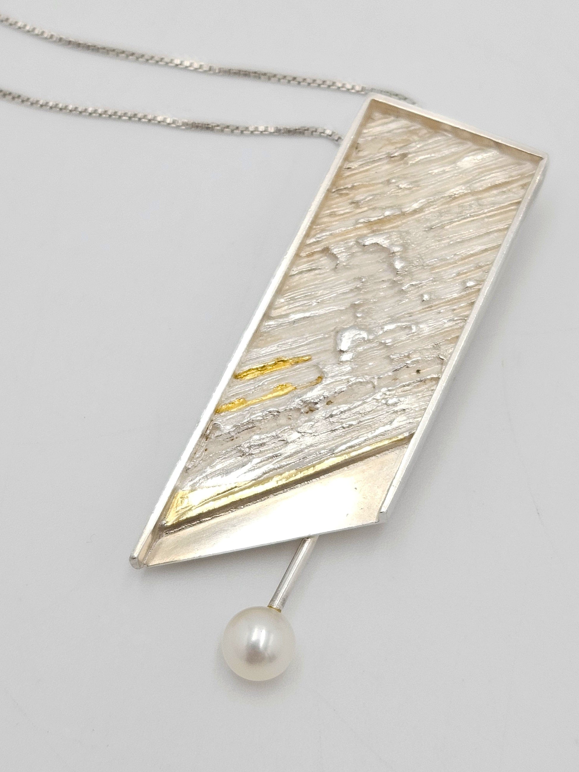Artisan Sterling Necklace Jewelry Sterling & Gold and Pearl Abstract Modernist Pendant Necklace Signed