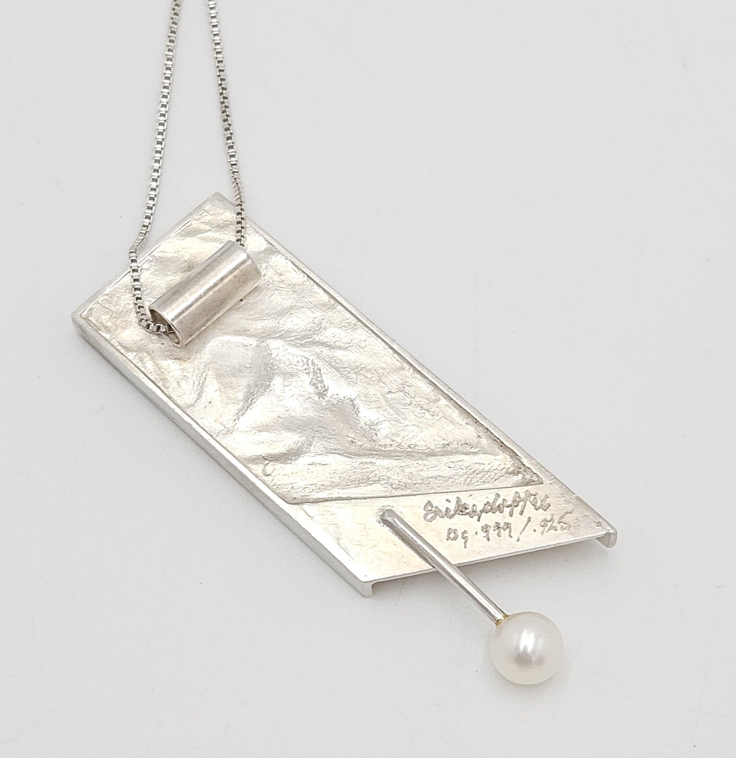 Artisan Sterling Necklace Jewelry Sterling & Gold and Pearl Abstract Modernist Pendant Necklace Signed