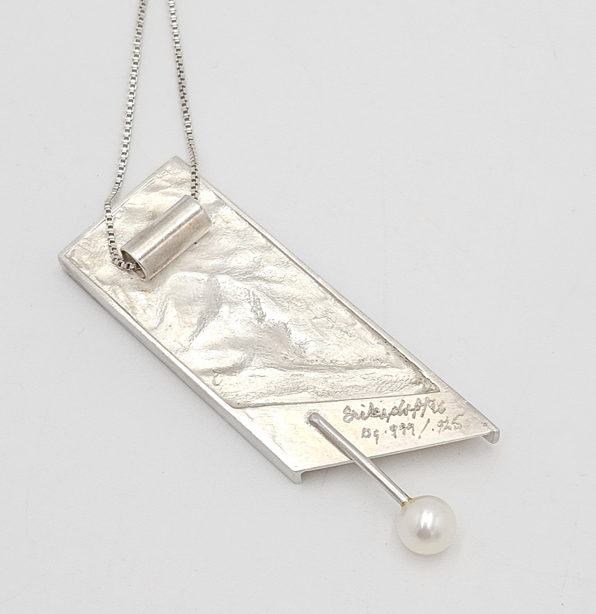 Artisan Sterling Necklace Jewelry Sterling & Gold and Pearl Abstract Modernist Pendant Necklace Signed